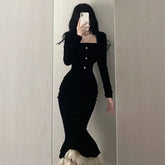 BXOXO Elegant Black Velvet Dress Women's Long Sleeve Fish Tail Simple Style European And American Fashion Autumn/Winter French Chic